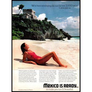 1984 Mexico Ready Vacation Travel Vintage Print Ad Beach Tulum Mayan Temple Art